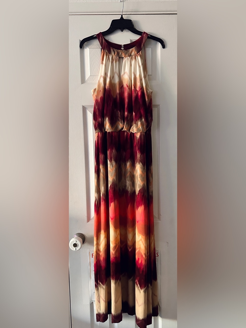 London Times Multicolor Chevron Maxi Dress - Burgundy, Cream, Gold